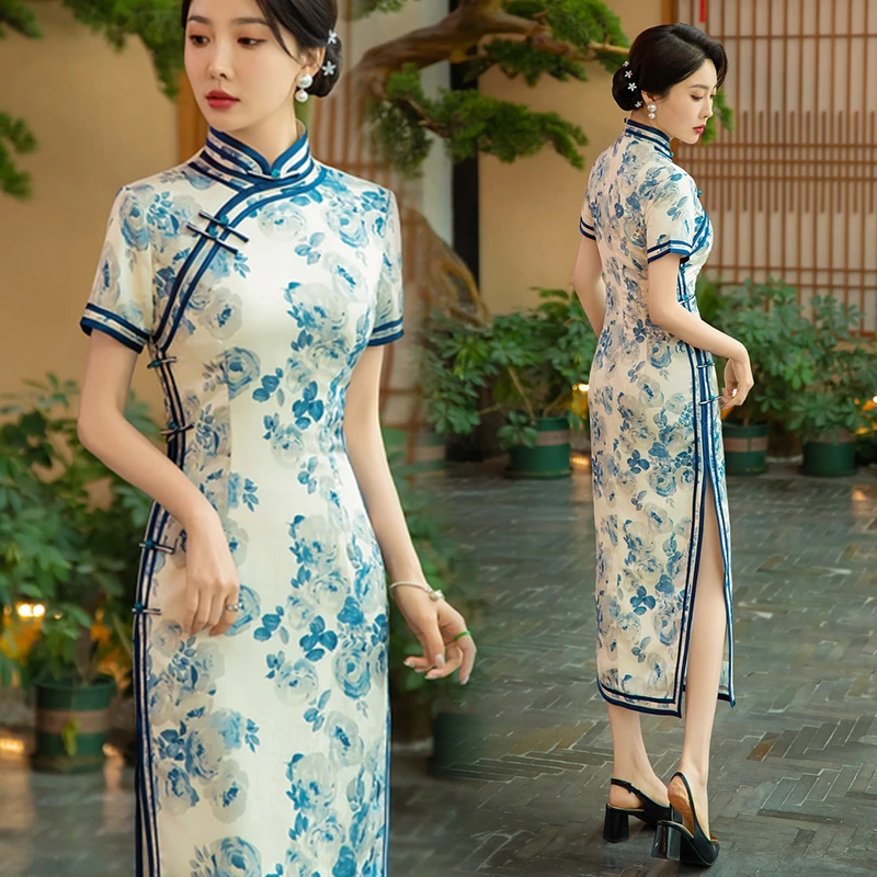 送考气质中国风旗袍裙复古中长款显瘦礼服裙中式走秀连衣裙裙子