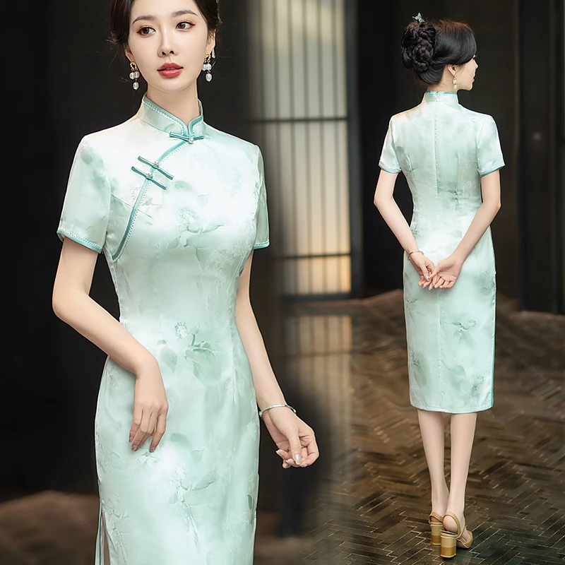 妈妈装高档送考中国风旗袍显瘦矮小个子复古礼服裙绿色时尚连衣裙