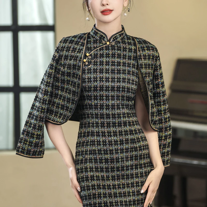 秋冬旗袍两件套民国风2024新款高端老上海中式复古格子日常连衣裙