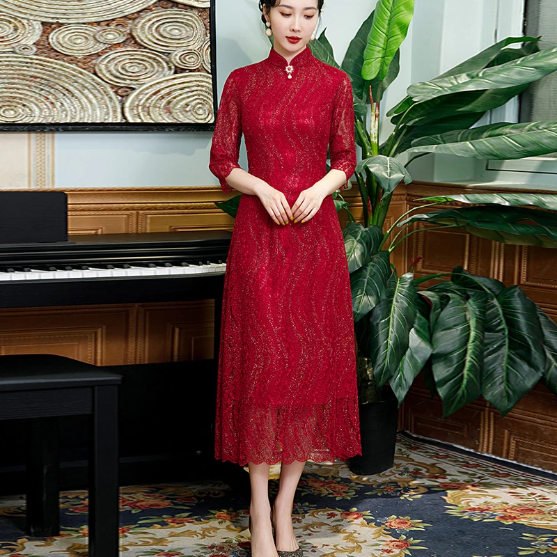 红色旗袍喜婆婆礼服婚宴高端日常七分袖国风连衣裙复古秋冬妈妈装