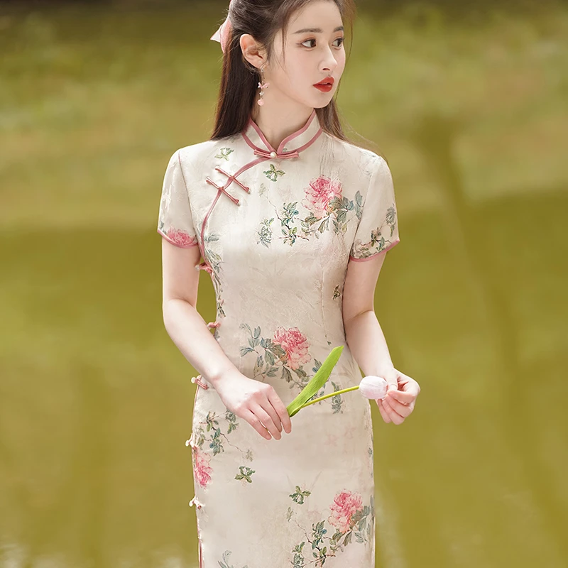 粉色中国风旗袍气质复古中长款走秀优雅新中式礼服连衣裙夏季2025