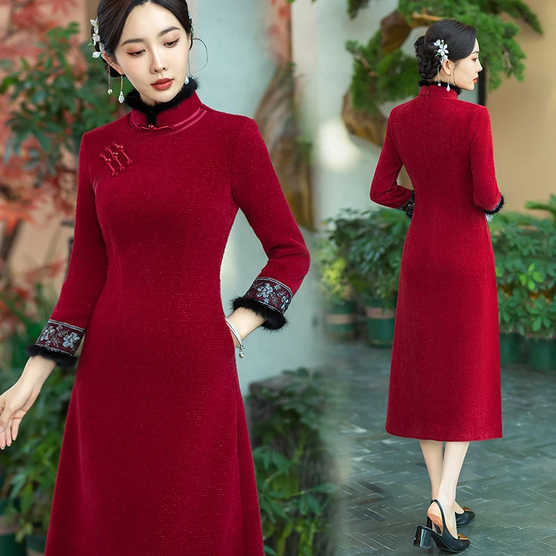 喜婆婆喜妈妈婚宴装中国风旗袍加厚冬款红色冬季敬酒服礼服连衣裙