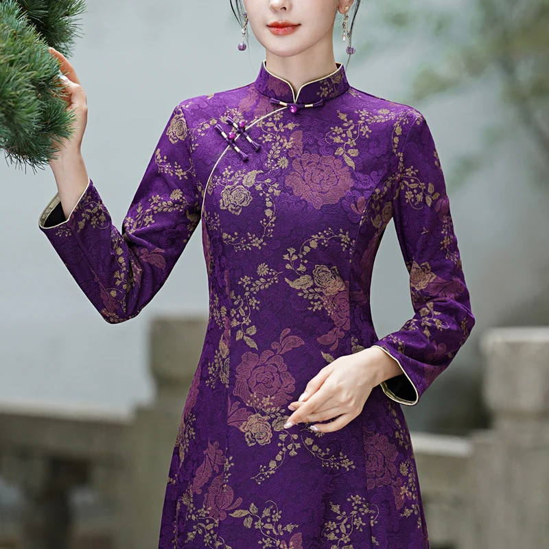 秋冬旗袍加厚民国风2024新款复古紫色优雅高贵夫人妈妈日常连衣裙