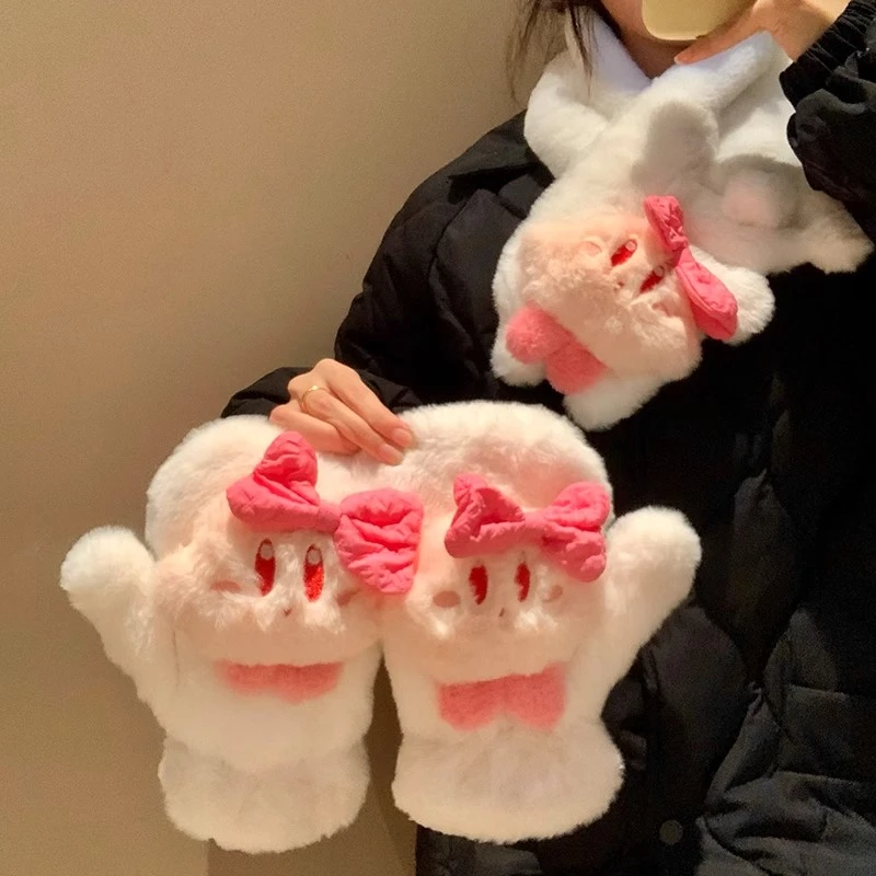 可爱蝴蝶结星星毛绒手套女生秋冬季全包加绒保暖防寒挂脖护颈围脖