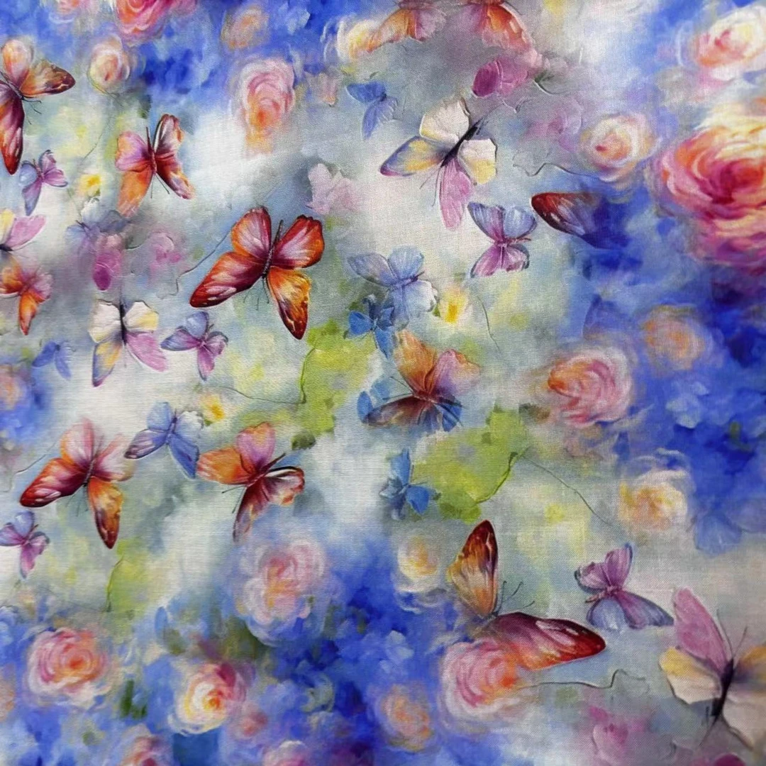 【绒兰】天丝木兰棉布料 312号 玫瑰与蝶