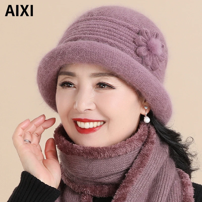 中老年人帽子女冬天奶奶兔毛线帽妈妈针织盆帽老太太加厚保暖棉帽
