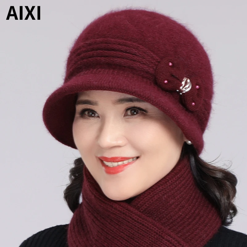 冬天中老年人妈妈兔毛线帽加绒厚保暖针织盆帽老太太奶奶防寒棉帽