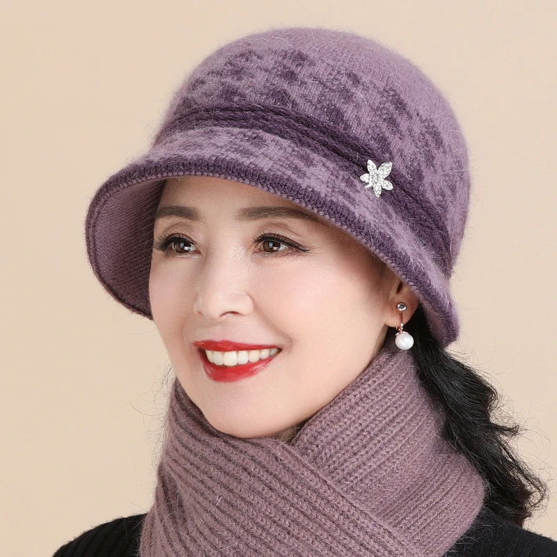 中老年人帽子女冬季妈妈兔毛线帽加绒加厚保暖奶奶老太太针织棉帽