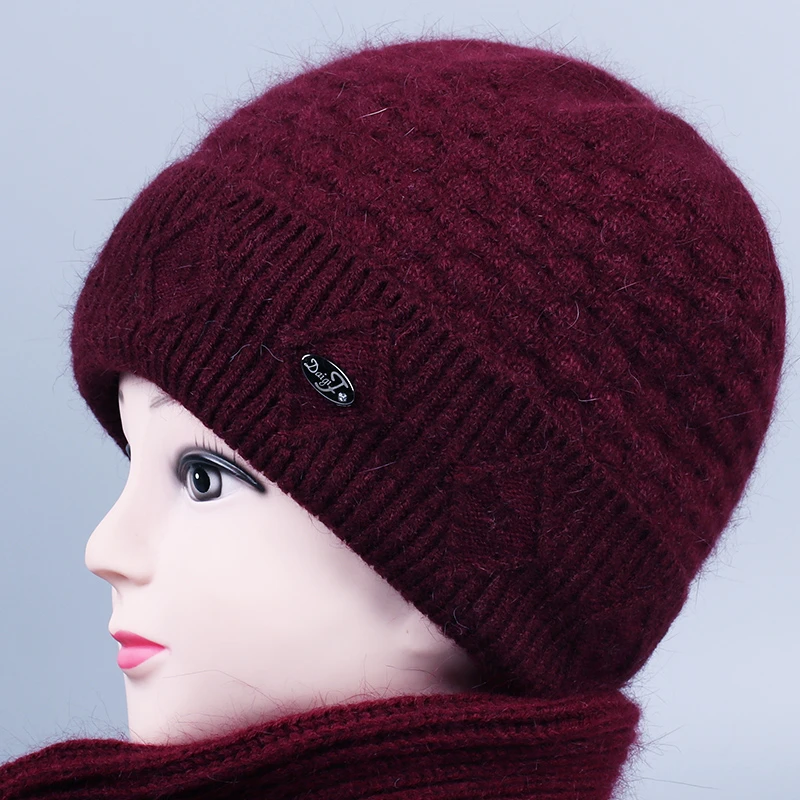 中老年人帽子女奶奶冬天兔毛线帽加绒厚保暖妈妈针织帽老太太棉帽