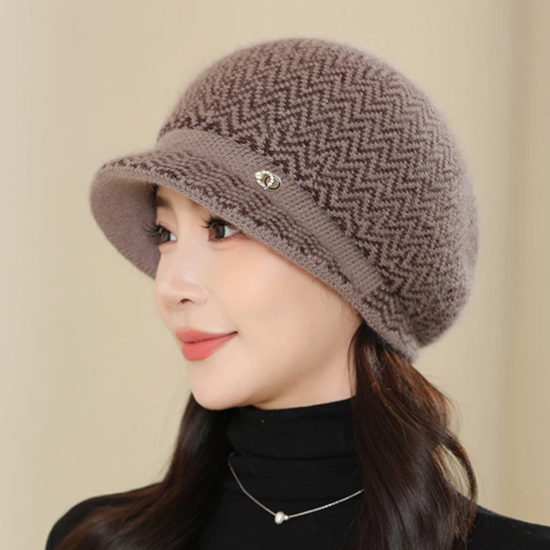 新款兔毛针织帽子女秋冬时尚洋气防寒帽中老年加绒加厚妈妈毛线帽