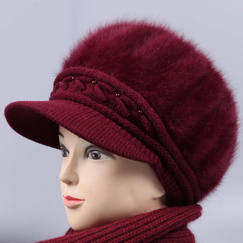 冬天妈妈帽子女中老年人兔毛针织帽加绒奶奶保暖棉帽老太太毛线帽