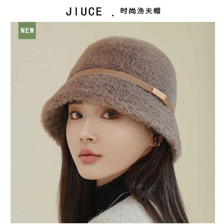高级感女秋冬新款皮带扣貂绒盆帽韩国优雅女神气质纯色保暖渔夫帽