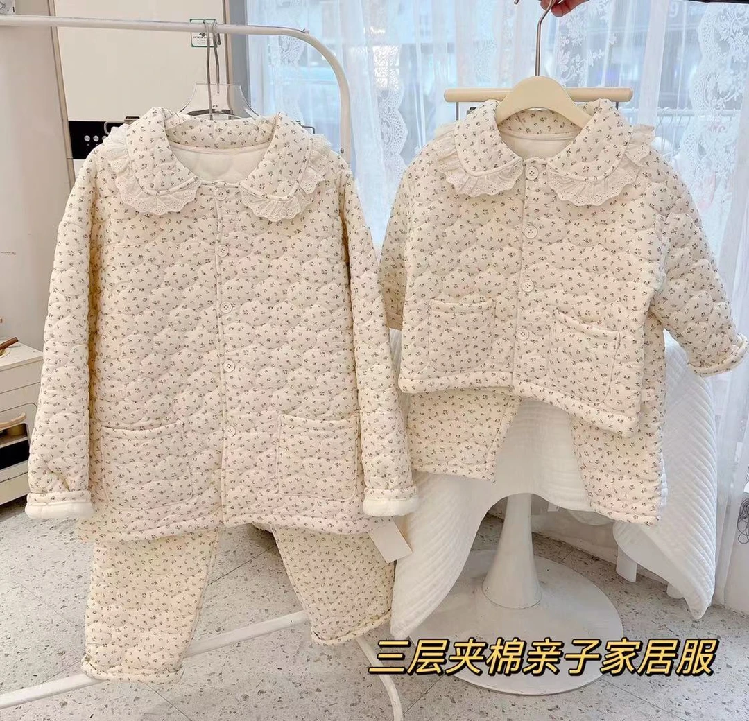 棉TZ-绿叶小粉花三层夹棉家居服套装