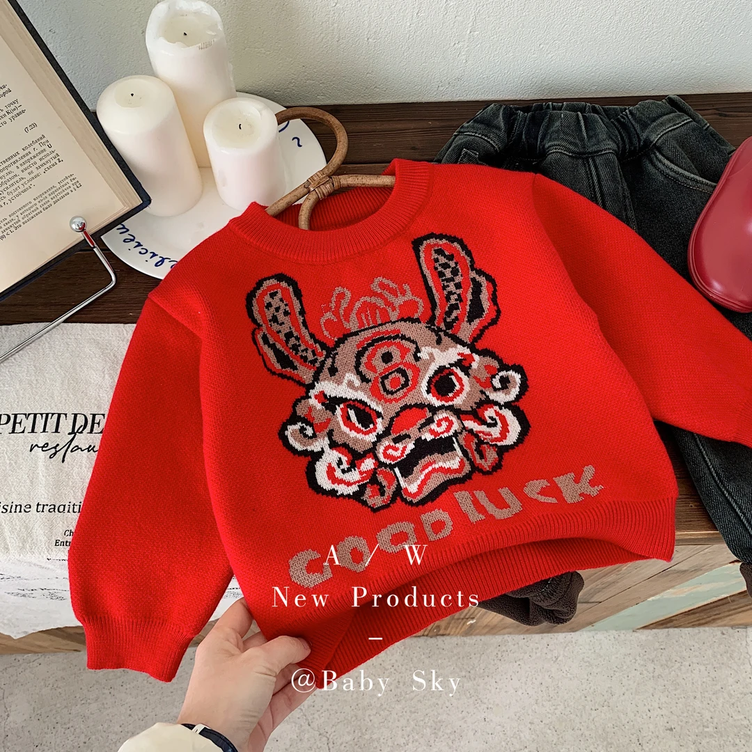BC-F0596 国风红色喜庆新年服龙年圆领毛衣