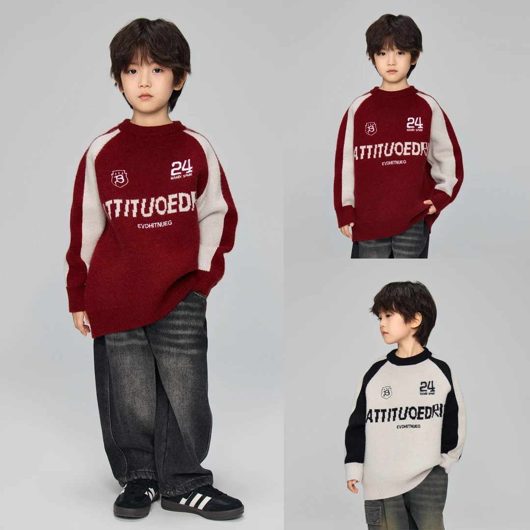 ALL -字母毛衣  字母刺绣针织衫男中大童加厚保暖新年红毛衣