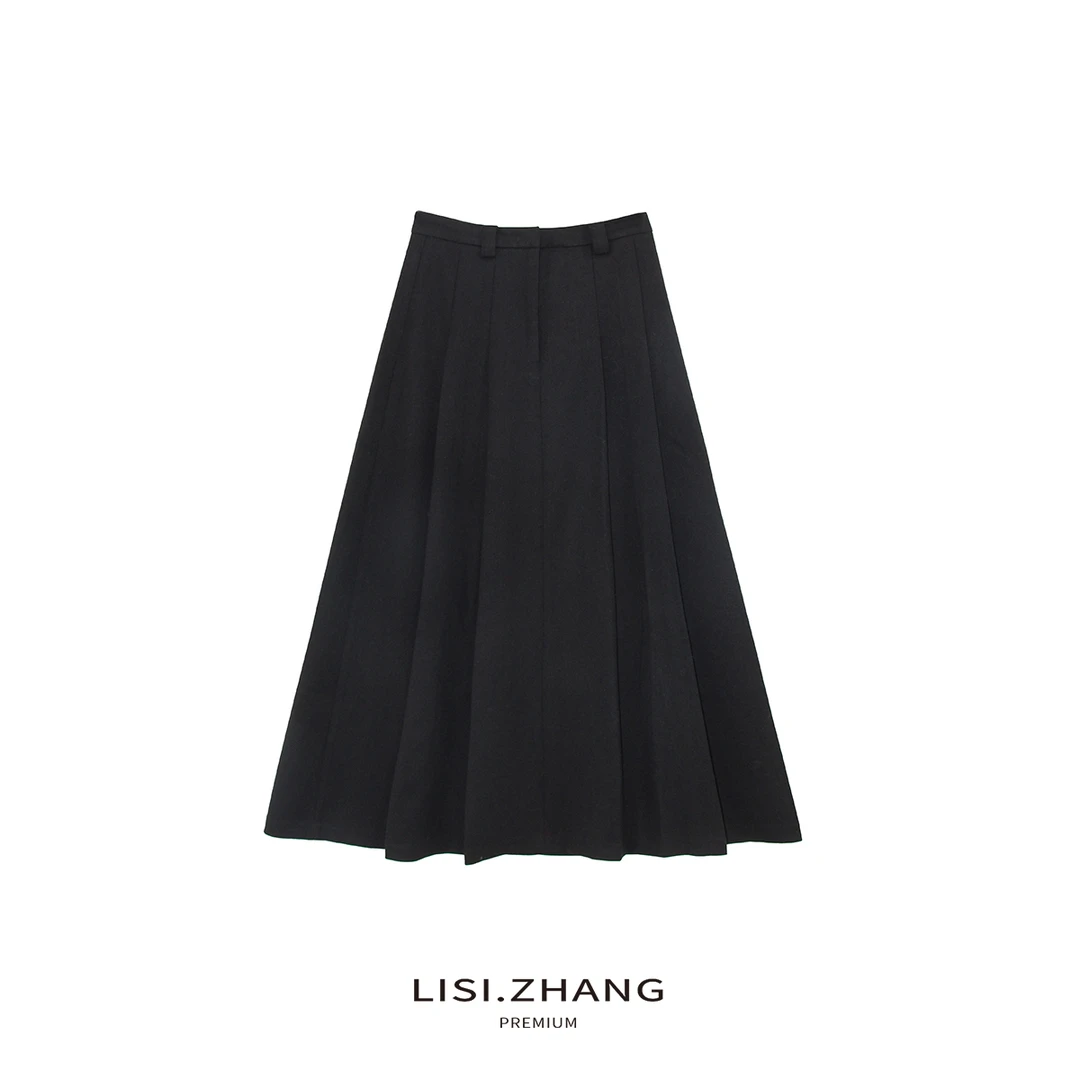 LISI.ZHANG--【压褶毛呢半身裙】纯色时尚百搭A字毛呢长裙半身裙