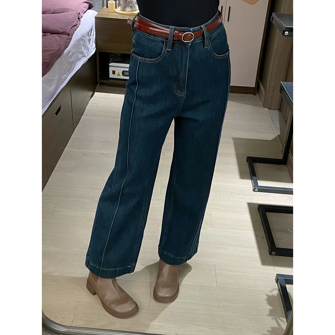 LISIZHANG--【加绒九分牛仔裤】小直筒高带腰带腰带牛仔裤