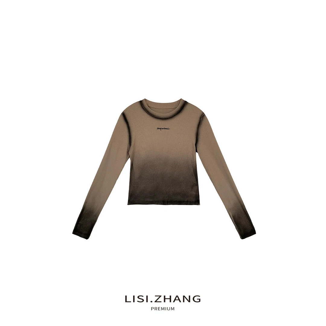 LISI.ZHANG--【喷绘T恤】撞色渐变拼接修身弹力长袖喷绘T恤上衣