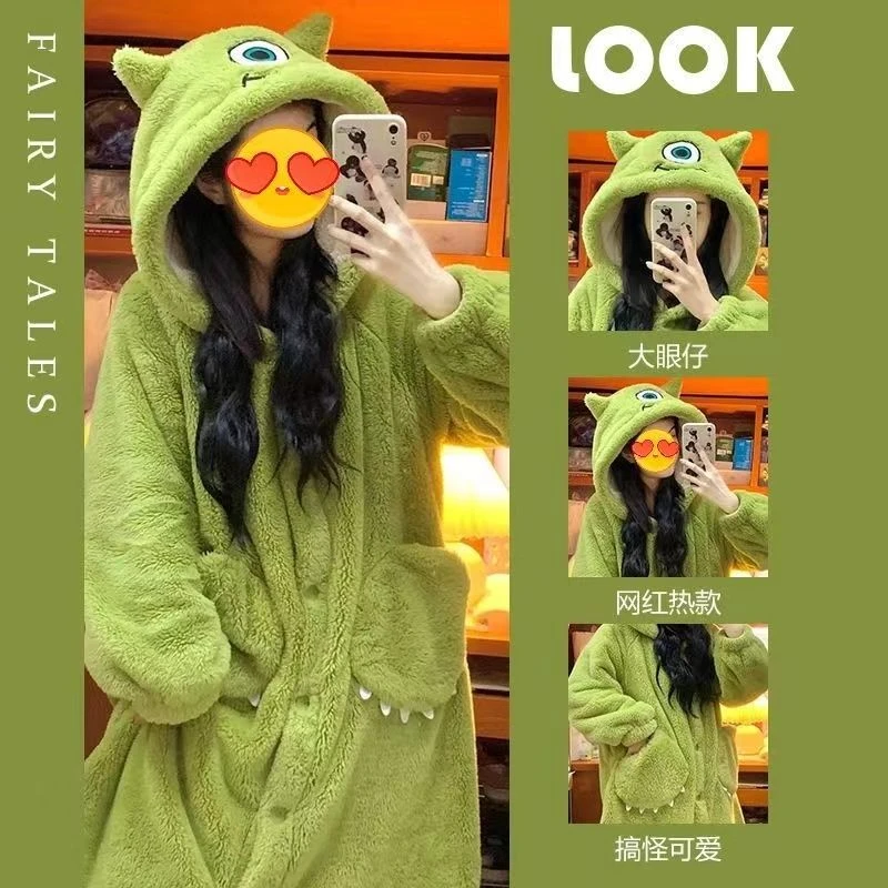 冬季女大童冬款中长款儿童情侣宽松学生加绒女童睡袍睡袍儿童卡通