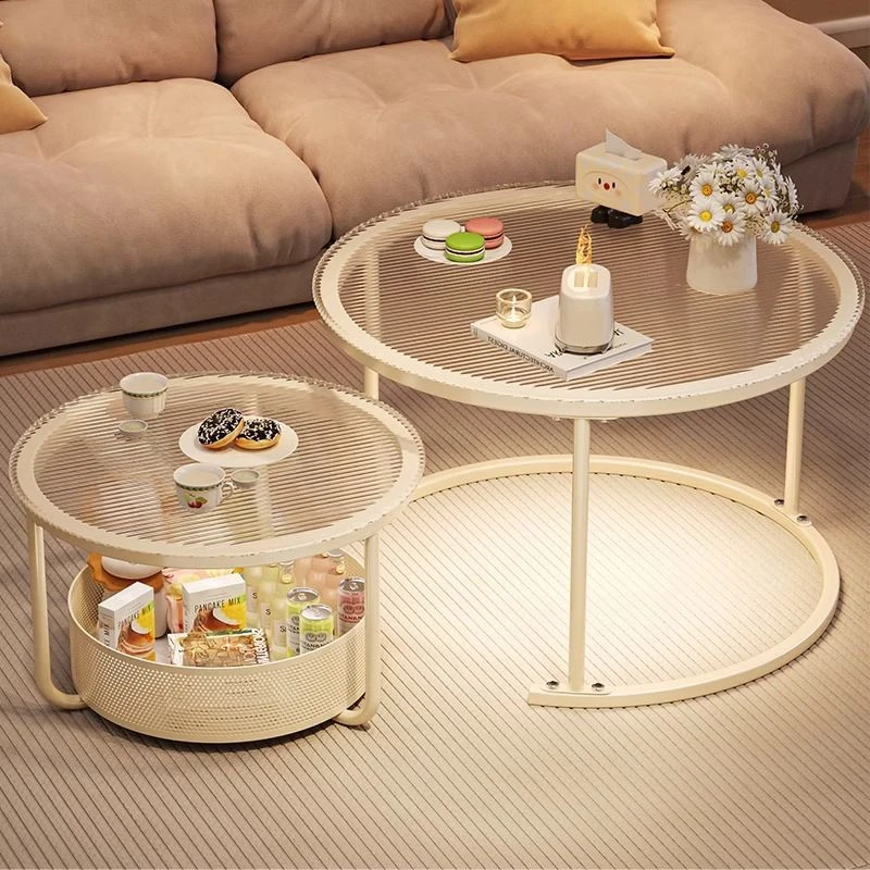 茶几小户型轻奢现代简约客厅家用奶油风玻璃圆形高端茶几桌子组合