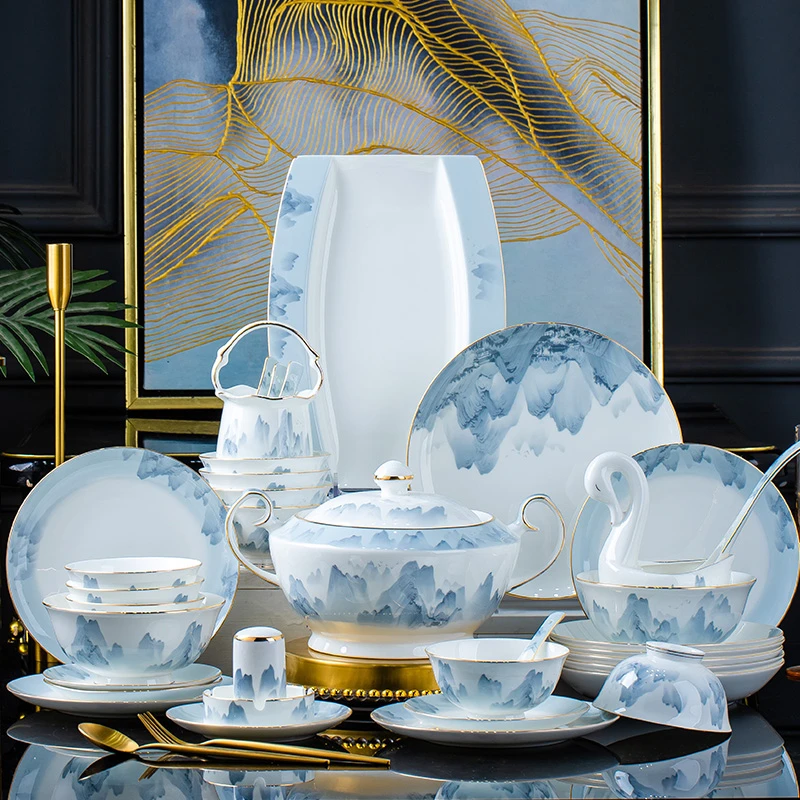 【千里江山60件】景德镇骨瓷碗盘餐具套装新中式陶瓷餐具碗盘碟