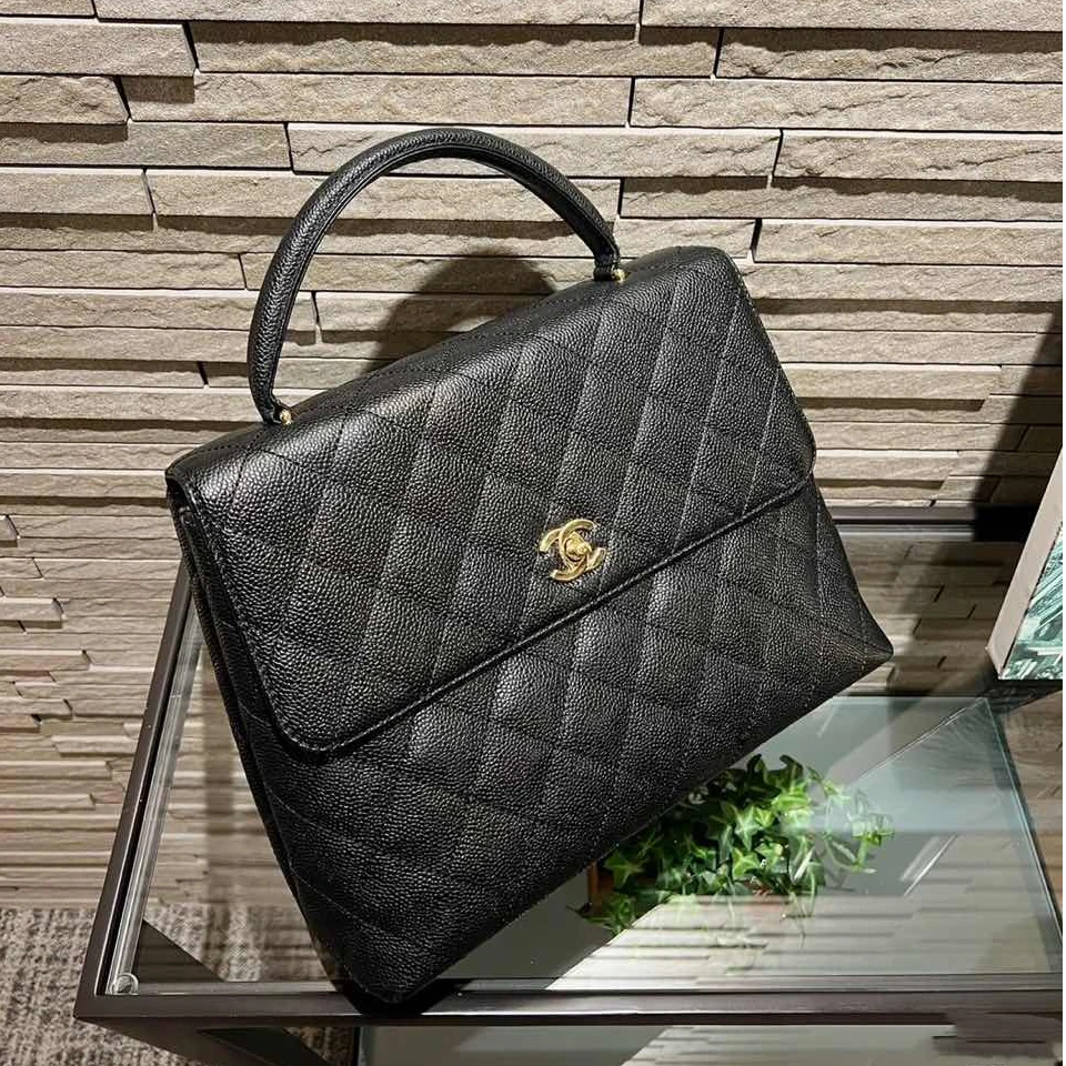 95新 Chanel/香奈儿 -220小花攀攀中古 黑金牛Kelly手提包 黑色