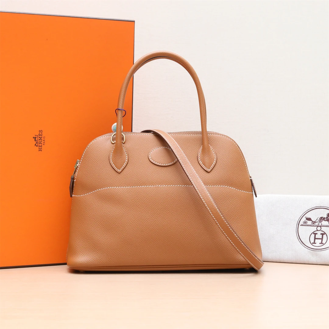 99新 Hermes/爱马仕 小花6花 活动 保龄球包 27 金棕 Ep皮D刻金扣