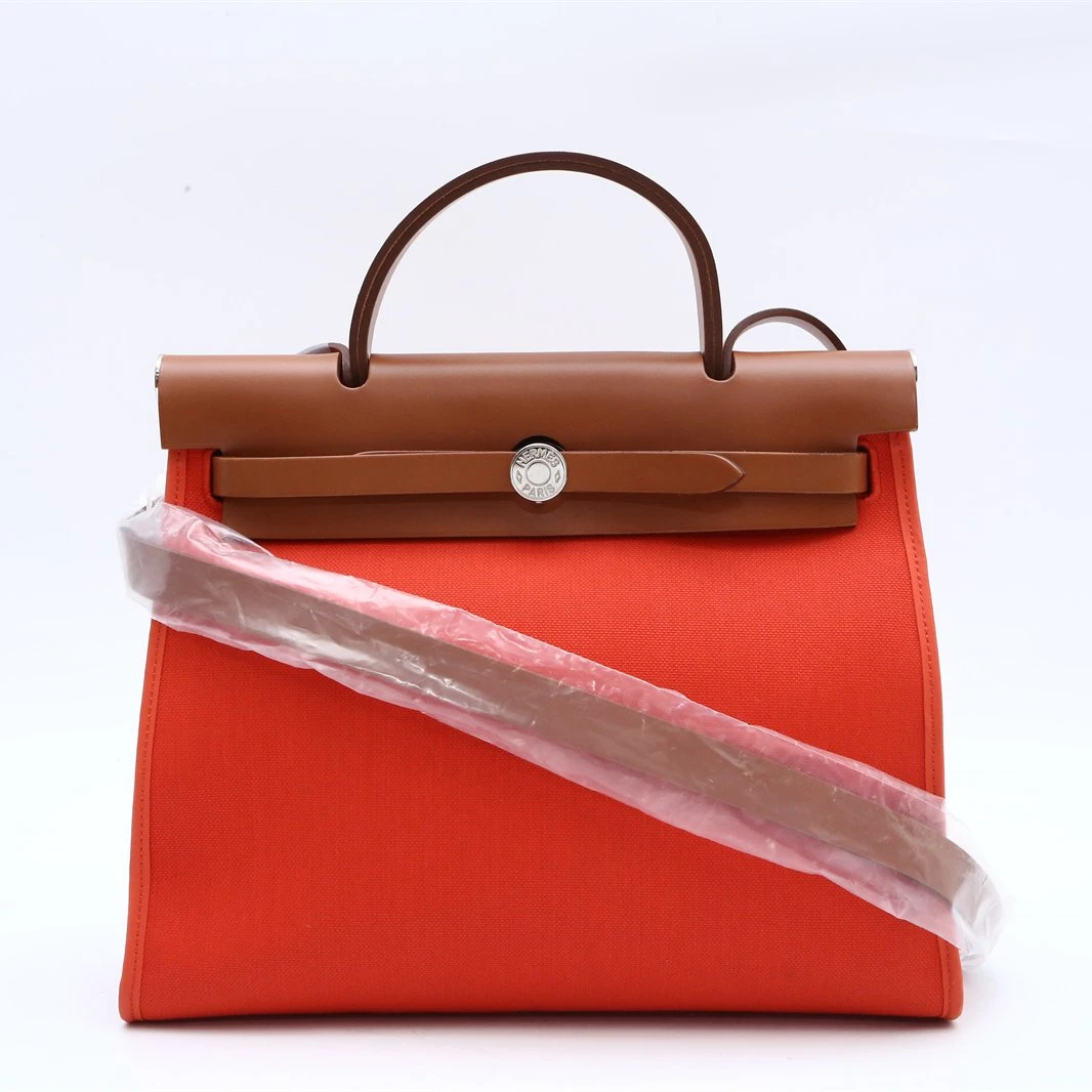 99新 Hermes/爱马仕 小花佳珊Herbag 31 37金棕色 帆布 Y刻 银扣