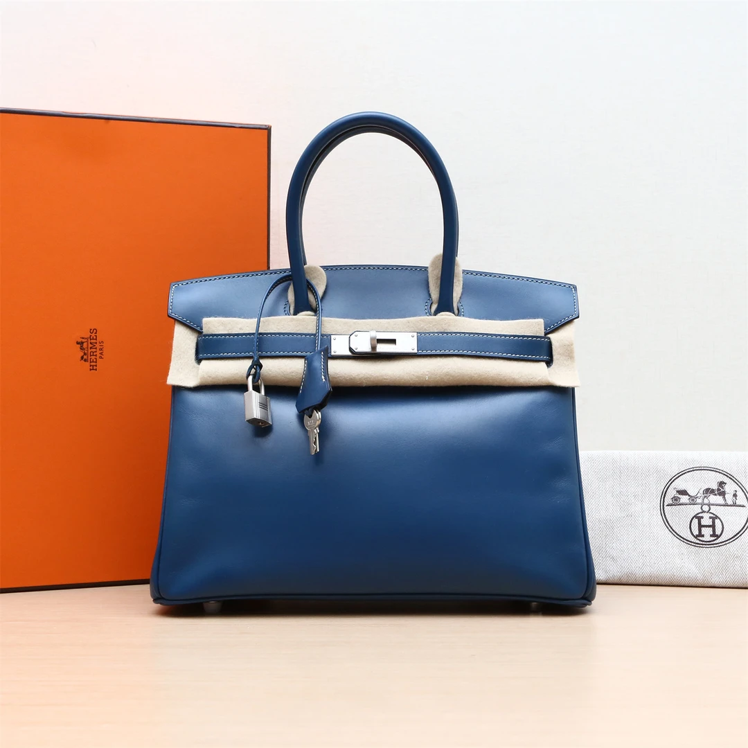 95新 Hermes/爱马仕 小花6花 Birkin 30 普鲁士蓝 Box皮框H银扣包