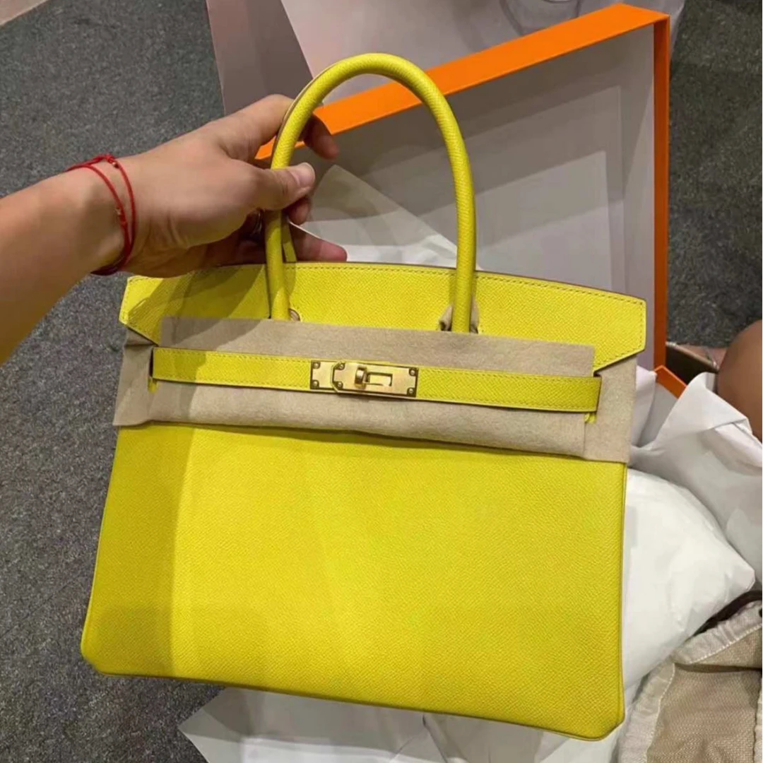 99新 Hermes/爱马仕 小花6珊 Birkin 30 柠檬黄 Ep皮 D刻 金扣包