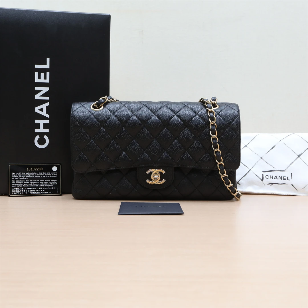 95新 Chanel/香奈儿 活动黑黑 CF 口盖包 中号 黑色 13开 金扣