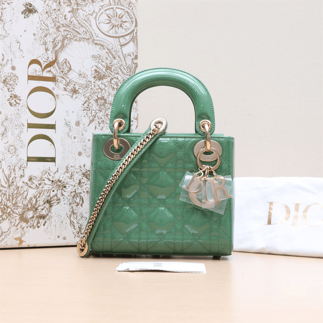 99新 DIOR/迪奥 小花攀攀Lady Dior 戴妃包 三格 绿色 漆皮 金扣