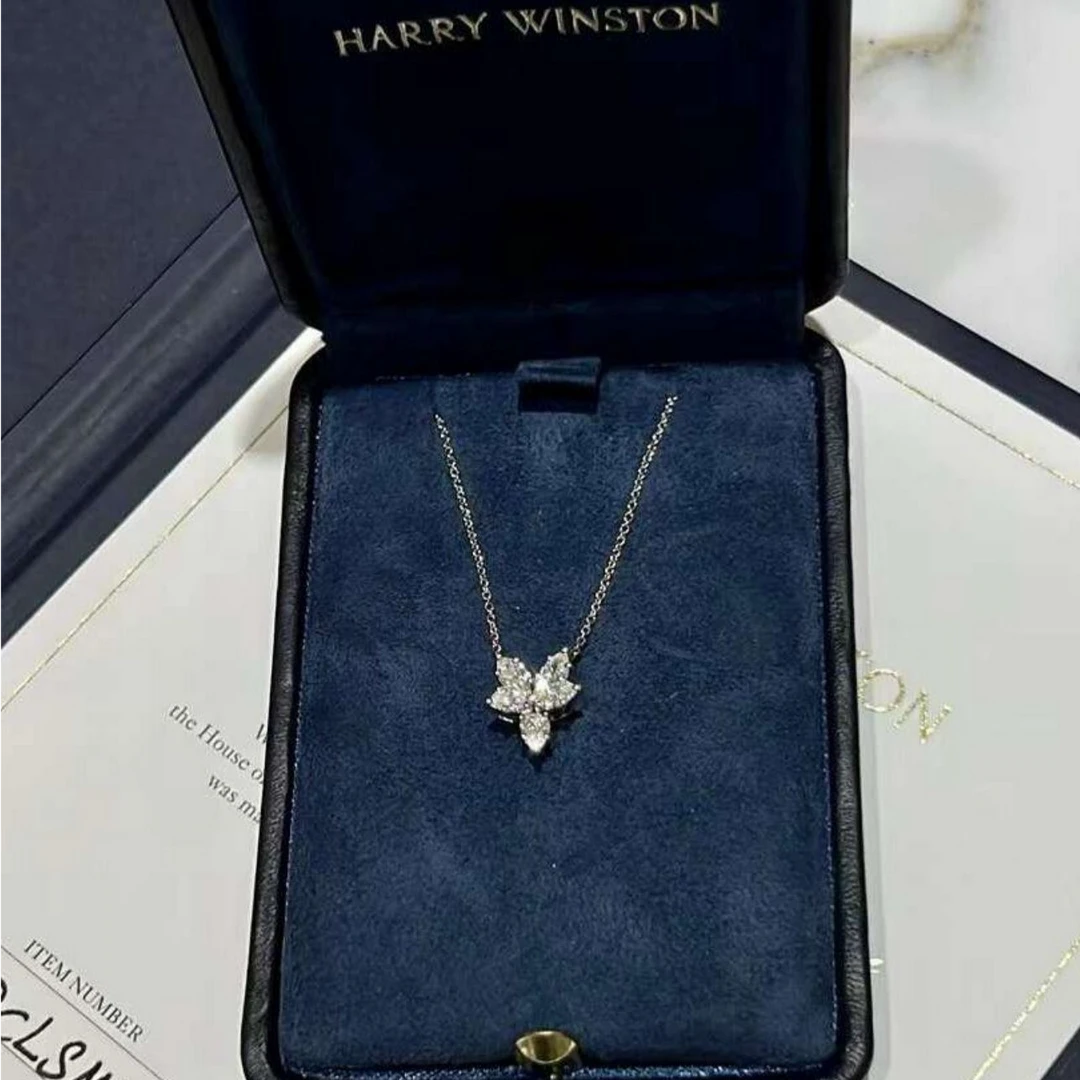 99新 Harry Winston/海瑞温斯顿 小花6珊 HW白金满钻水滴小号项链
