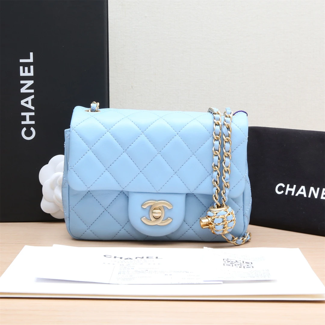 99新 Chanel/香奈儿 小花攀攀CF 方胖子17皮革S 核桃球天蓝色芯片