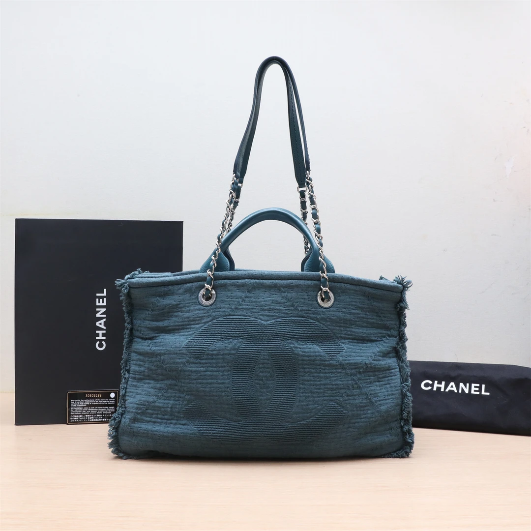 99新 Chanel/香奈儿 黑黑精选沙滩包 带手柄帆布版 大号 39cm