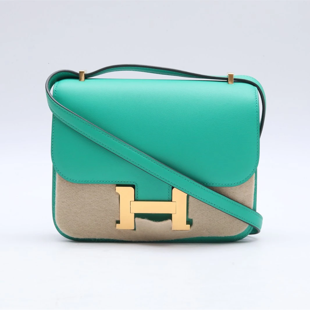 99新 Hermes/爱马仕 小花6珊 康康 19 U4丝绒绿Swift皮Z刻金扣包