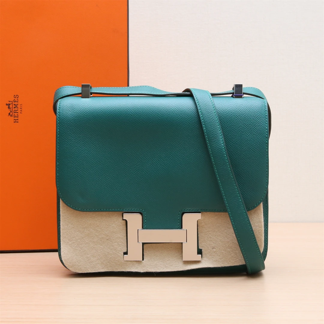 99新 Hermes/爱马仕 活动双双 康康 24 孔雀绿 Epsom皮 A刻 银扣