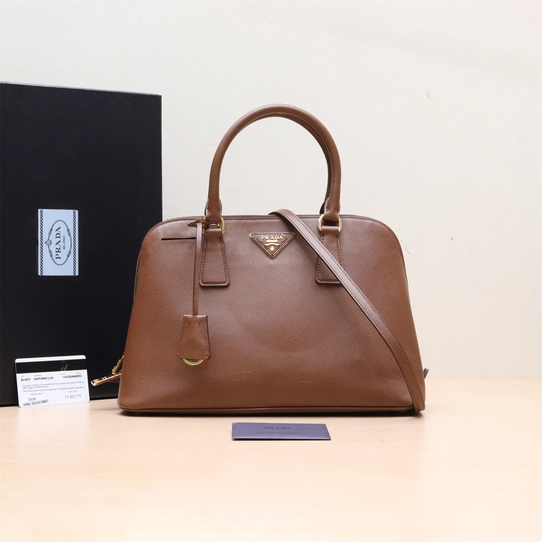 95新 Prada/普拉达 小花攀攀top handle 贝壳包 中号 棕色 皮革C