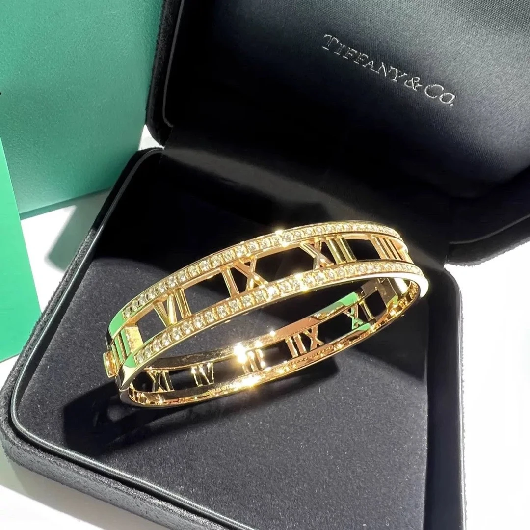 99新 Tiffany & Co./蒂芙尼 小花6珊 罗马数字 镂空手镯 玫瑰金