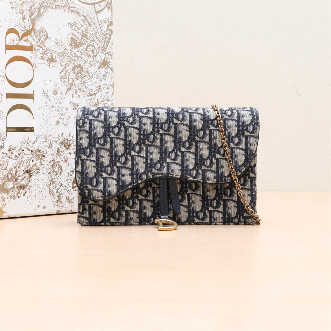99新 DIOR/迪奥 小花攀攀马鞍 链条WOC 19 二合一 墨蓝色22 厚款