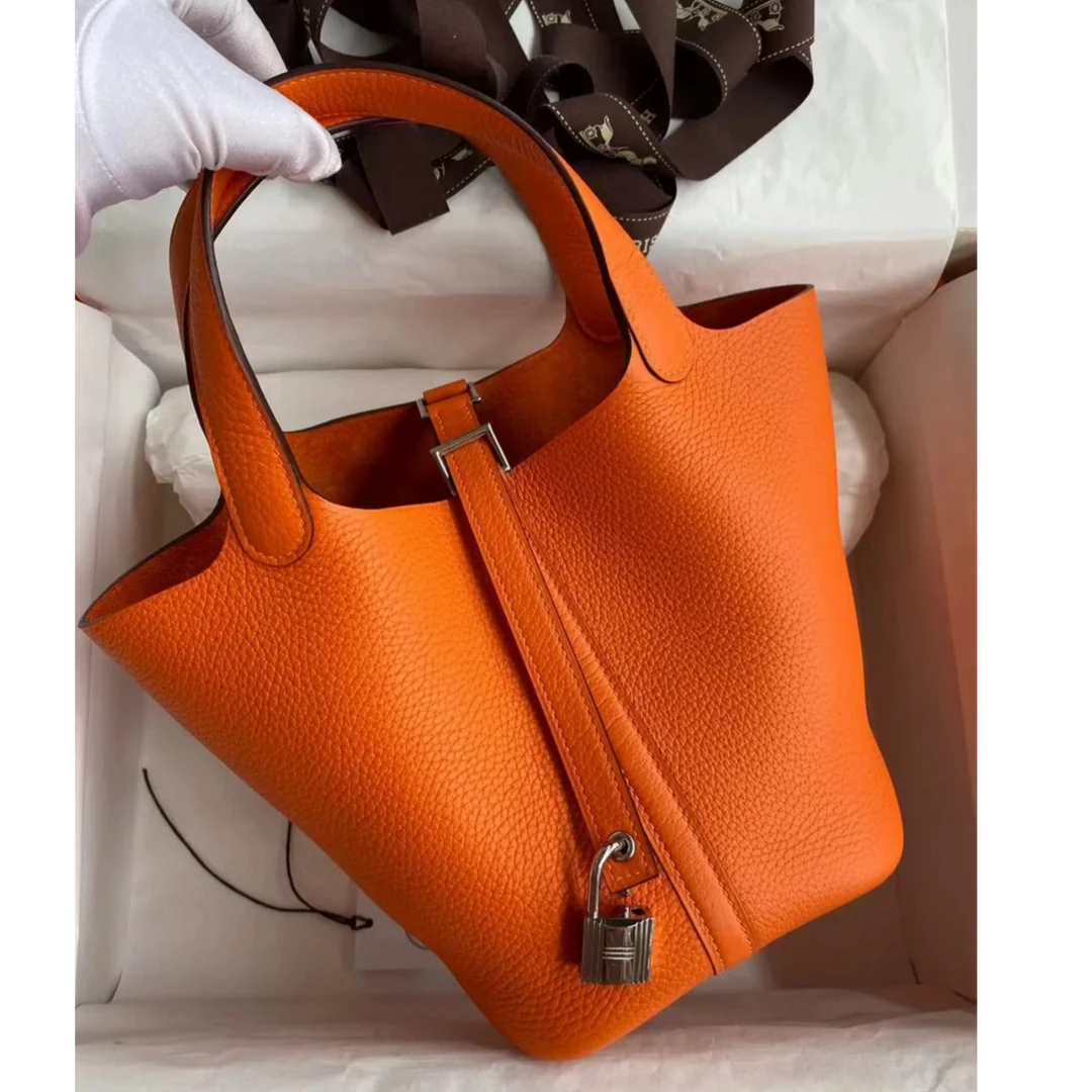 95新 Hermes/爱马仕 黑黑精选 菜篮子 18 T刻 火焰橙包