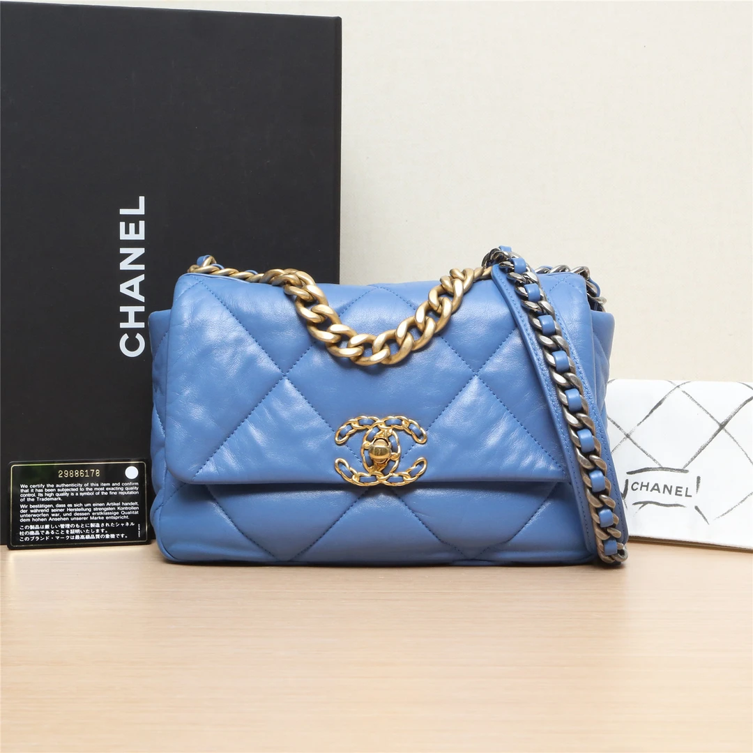 95新 Chanel/香奈儿 小花双双 19BAG 口盖包 小号 蓝色 29开