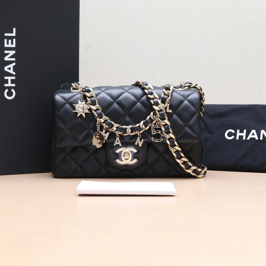 95新 Chanel/香奈儿 小花佳珊CF 口盖包 大Mini 20cm 黑色 30开