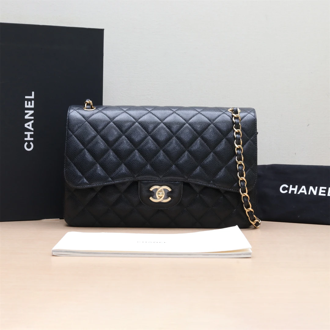 99新 Chanel/香奈儿 小花佳珊CF 口盖包 JUMBO 30cm 黑色