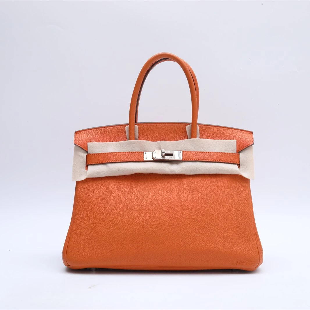 99新 Hermes/爱马仕 小花双双 Birkin30 爱马仕橙Togo皮框N 银扣