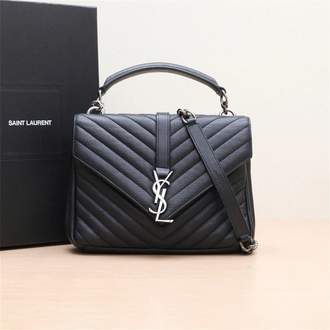 95新 YSL/圣罗兰 新粉黑黑 727223College邮差包 中号