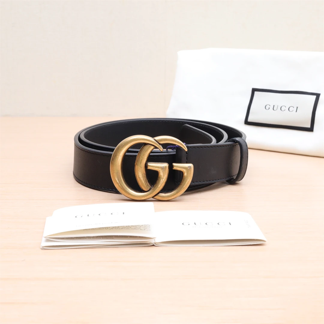 95新 GUCCI/古驰 活动黑黑 GG 金扣 全皮腰带 3CM 黑色皮革C 95cm