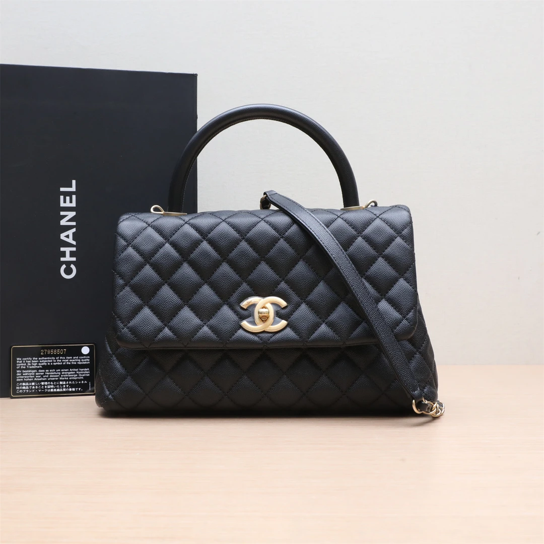 95新 Chanel/香奈儿 小花6花 Handle 中号 黑色 27开 金扣包