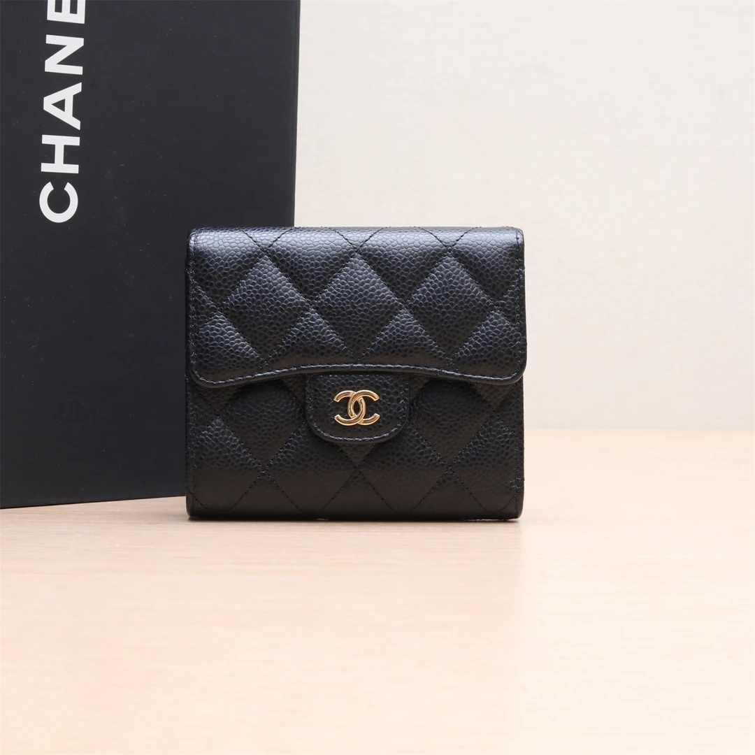 99新 Chanel/香奈儿 小花6花 CF 短款口盖钱包 黑色 26开 金扣