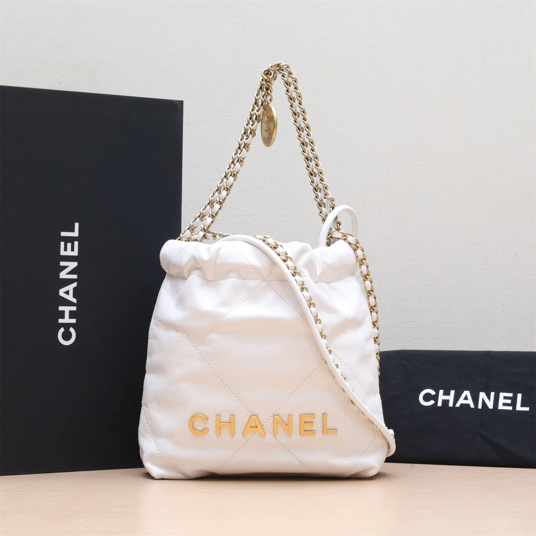 99新 Chanel/香奈儿 小花攀攀22Bag Tote Mini 20白色 皮革C 芯片